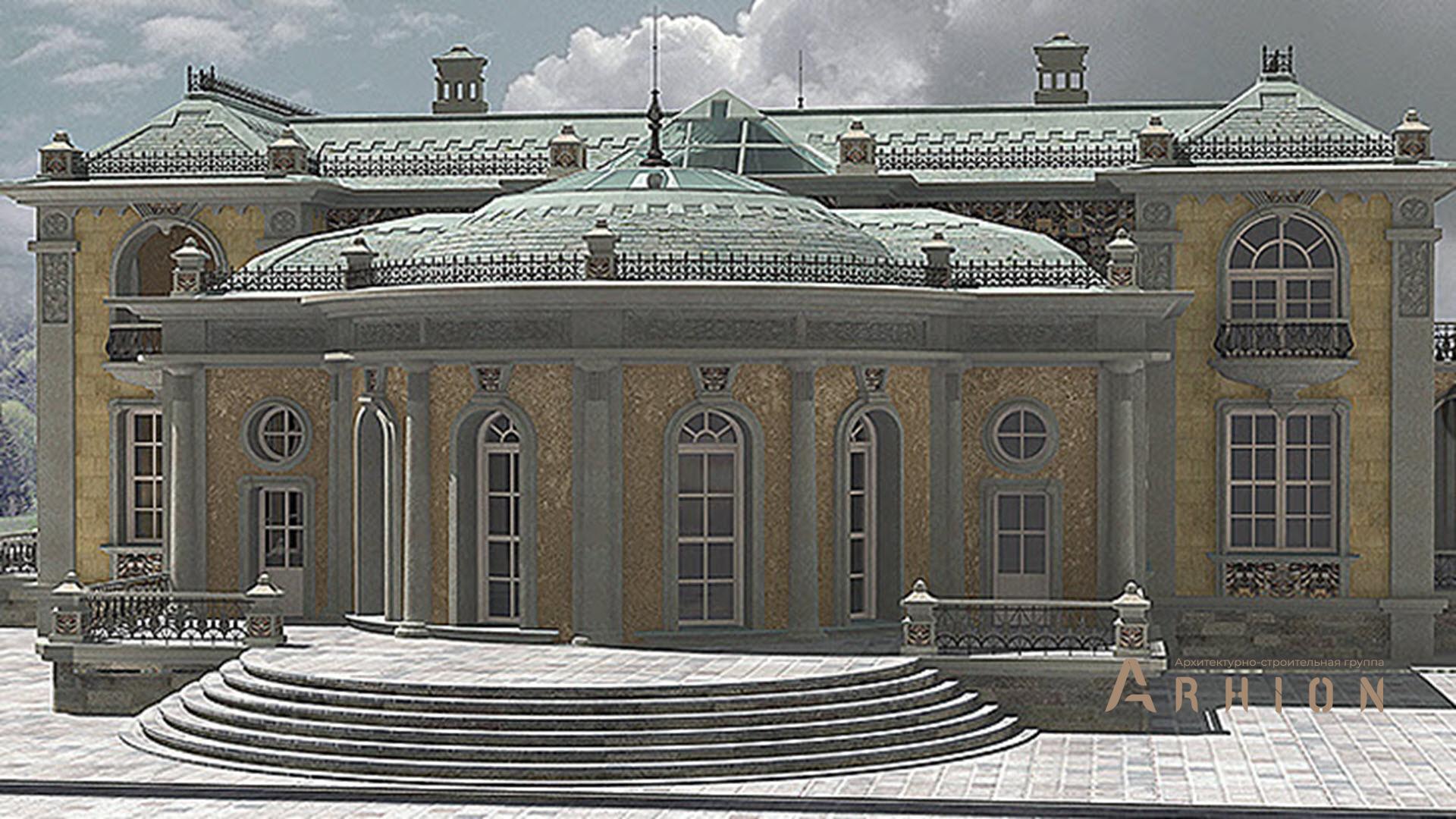 5. Проект двухэтажного дома в стиле барокко с многоскатной кровлей, SOV-6, площадью - 1100 кв c цокольным этажом, сауной, терассой, балконом, бассейном, вторым светом